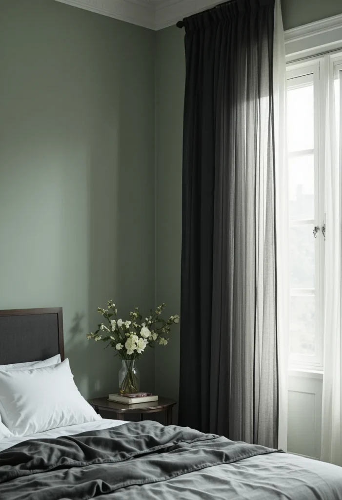 Black Sheer Curtains Over Green Walls