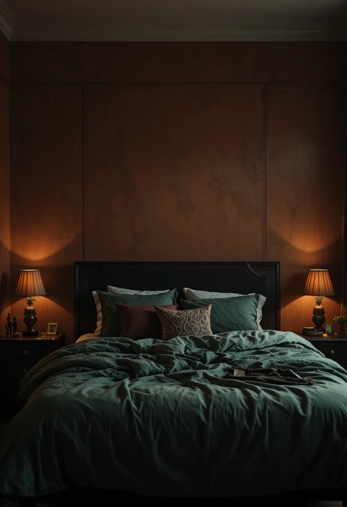  Dark Green Bedding with Rust Wall