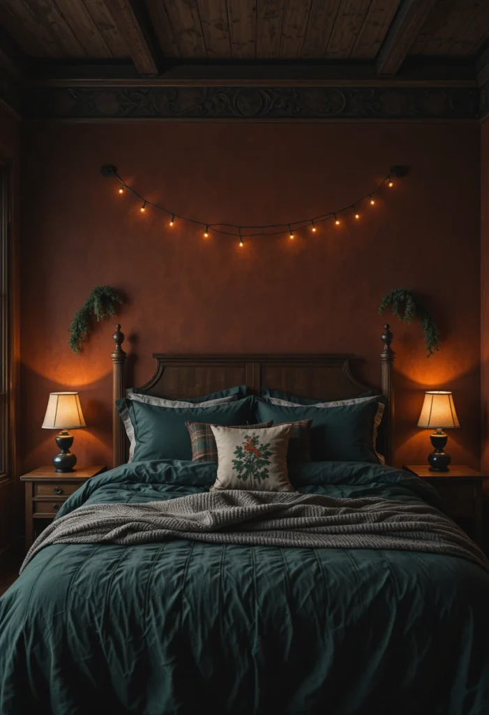 Dark Green Bedding with Rust Walls