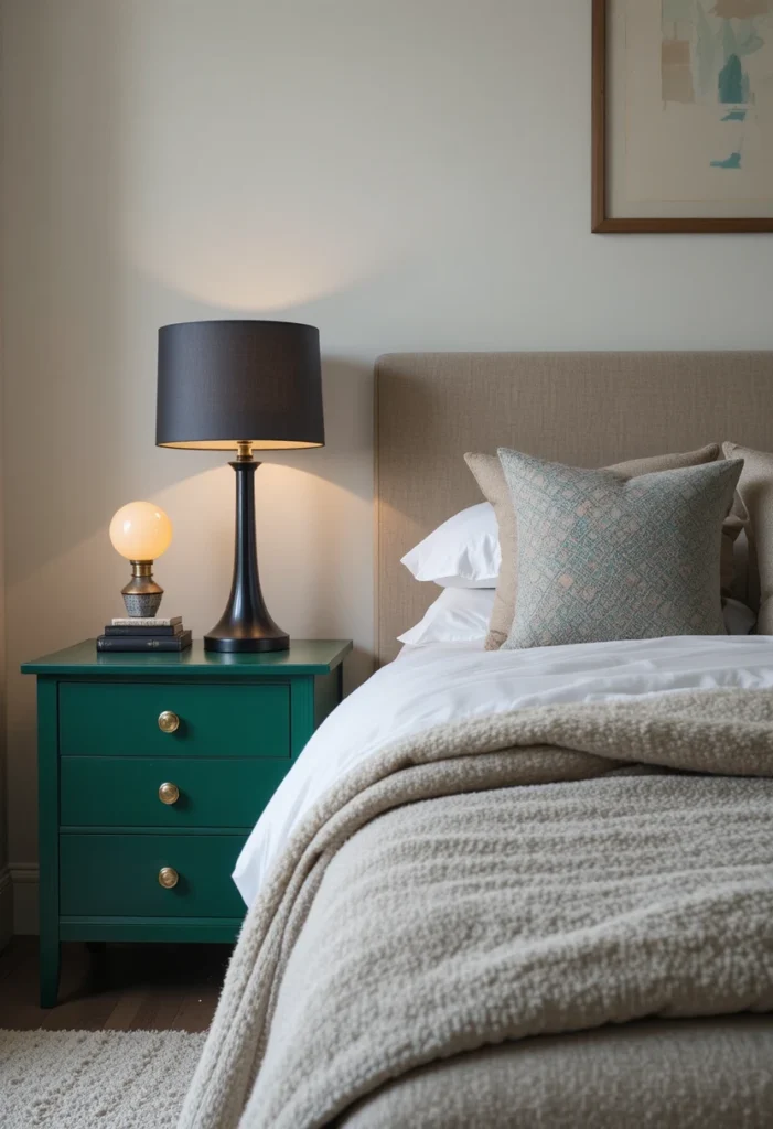  Emerald Nightstands with Black Lamps
