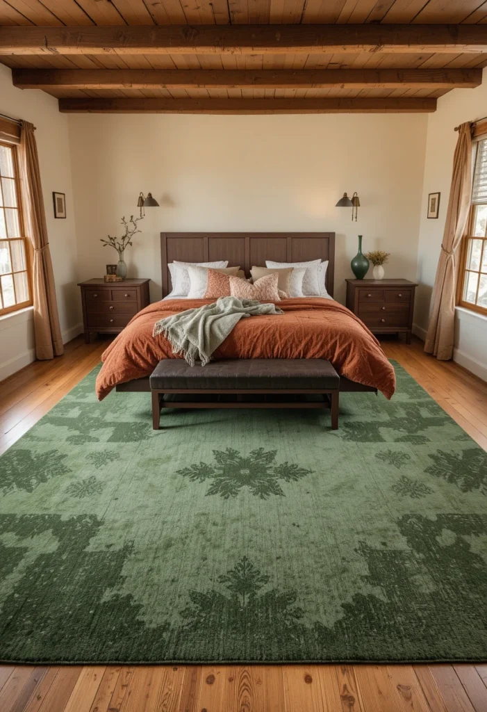Green Area Rug with Rust Bed