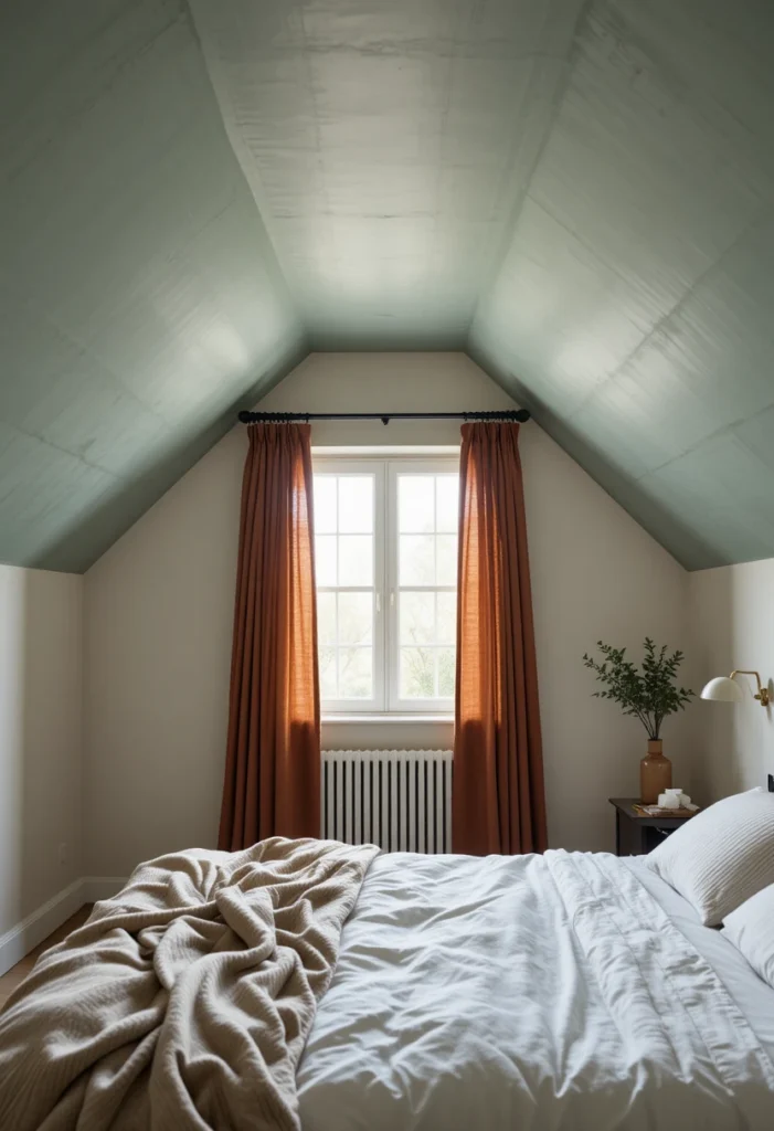 Green Ceiling with Rust Curtains