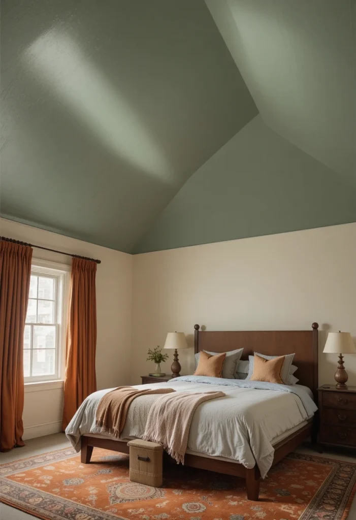 Muted Green Ceiling with Rust Details