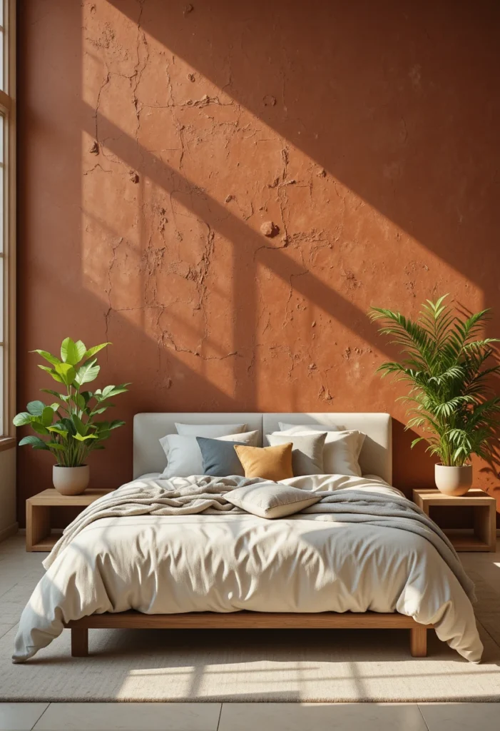 Rust Accent Wall Behind the Bed