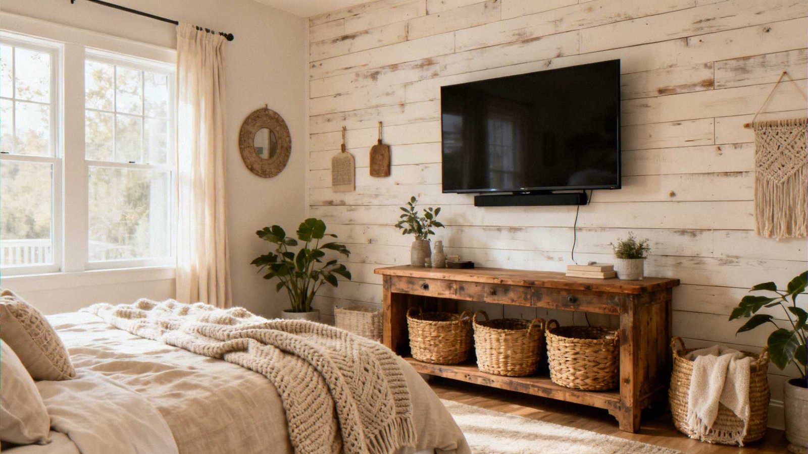 Cozy Farmhouse Bedroom TV Wall Ideas