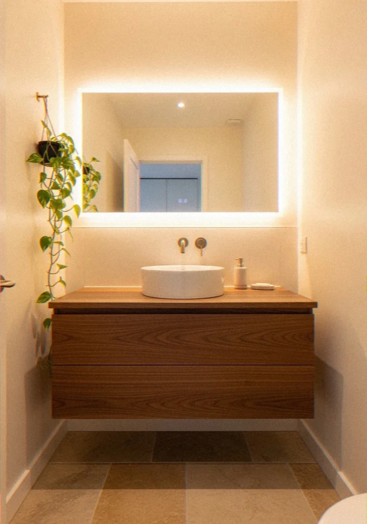 . A Floating Vanity With a Vessel Sin