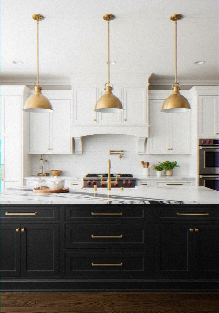 Dramatic Black Island with Gold Bar Stools