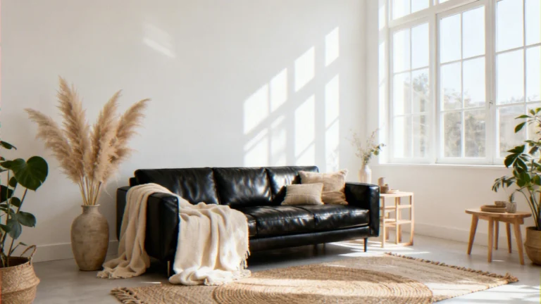 How to Blend a Black Leather Sofa into a Light Boho Living Room Aesthetic