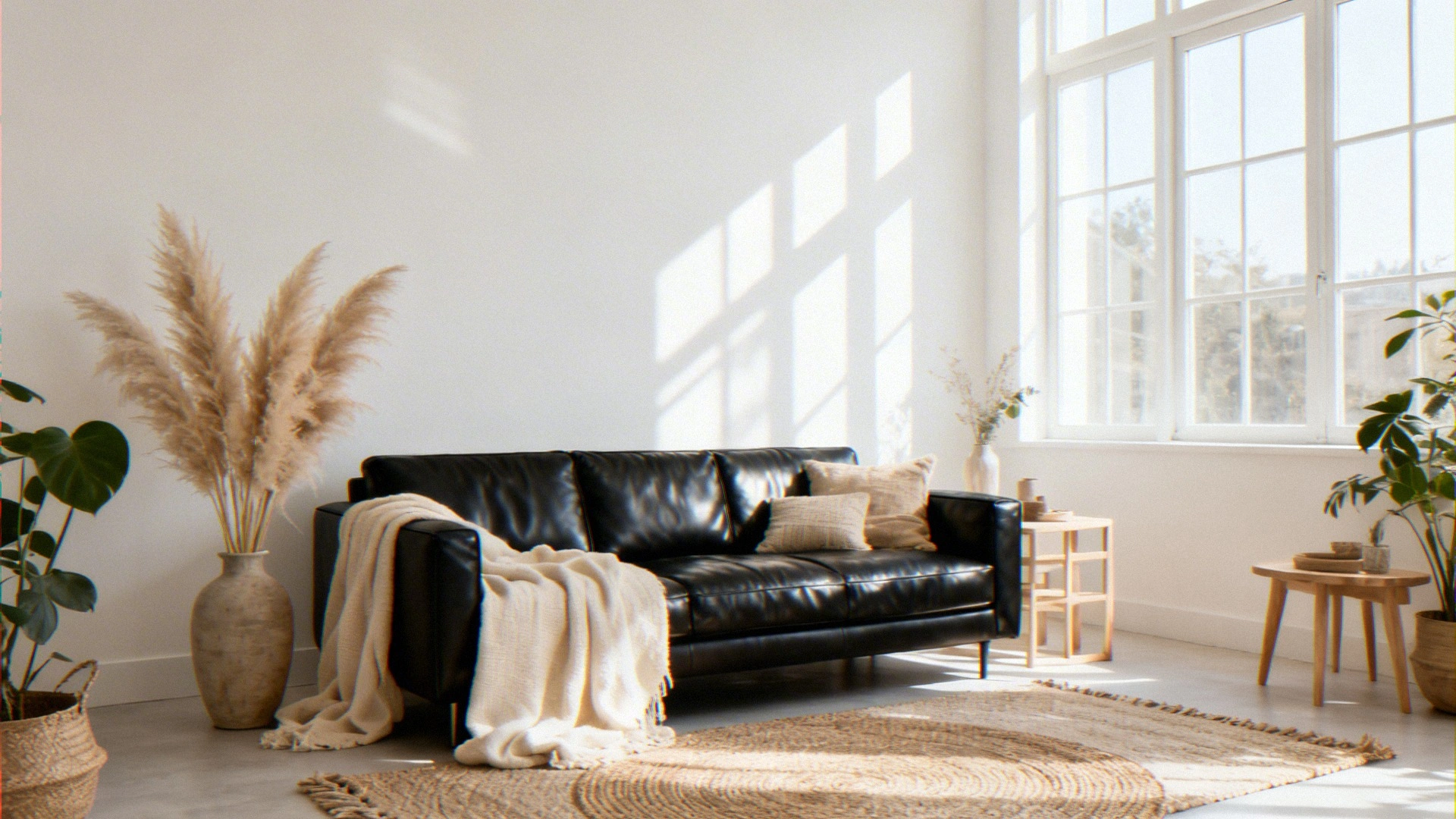 How to Blend a Black Leather Sofa into a Light Boho Living Room Aesthetic