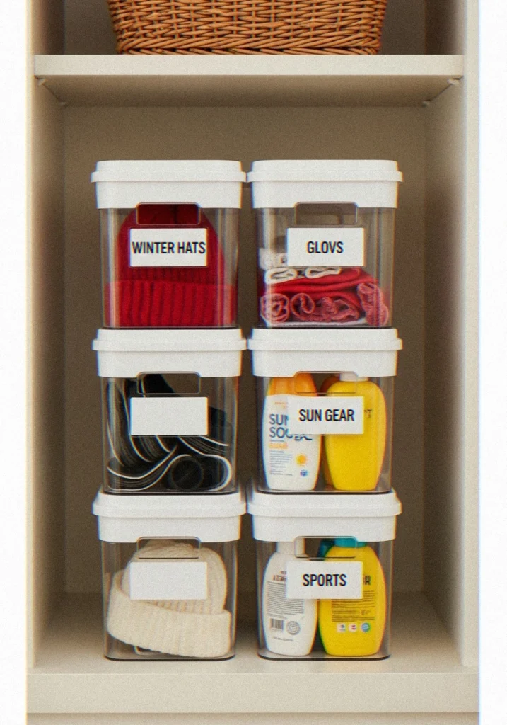 Labeled Wicker Baskets on Open Shelves
