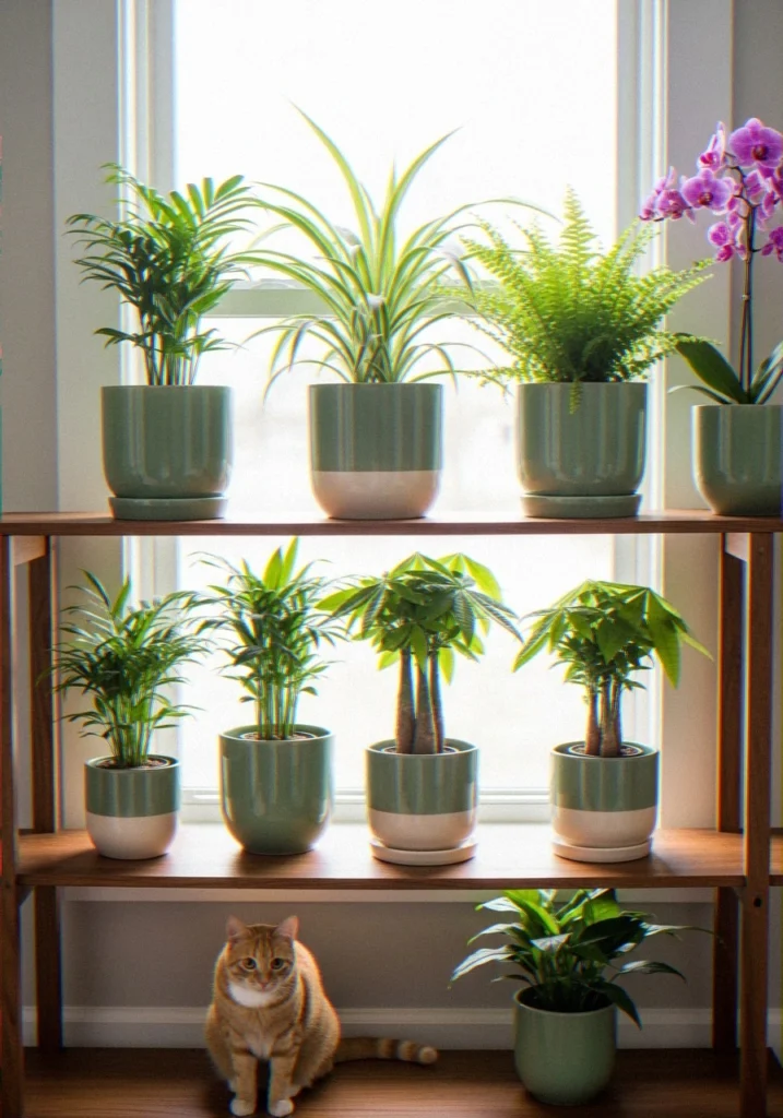 Six cat-safe plants styled together on shelves