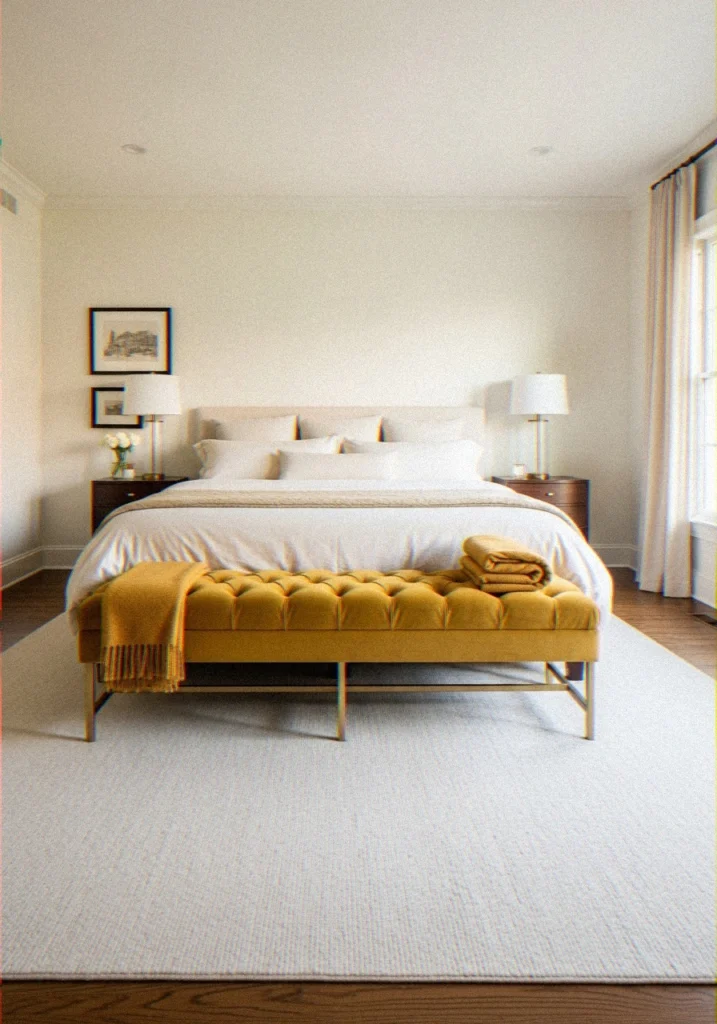  Yellow Upholstered Bench at the Foot