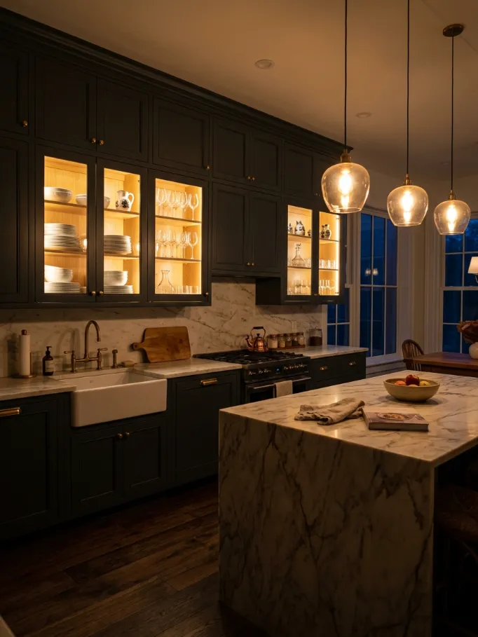 Black And Gold Track Lighting Over Open Shel