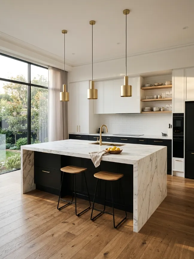 Brushed Gold Pendant Lights Over the Isla