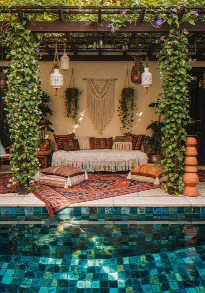 Covered Bohemian Patio With Mosaic Pool