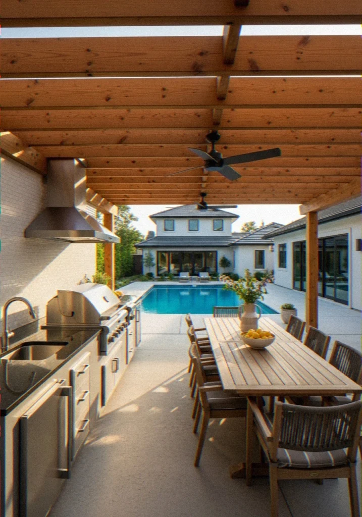 Covered Outdoor Kitchen and Dining Area Beside