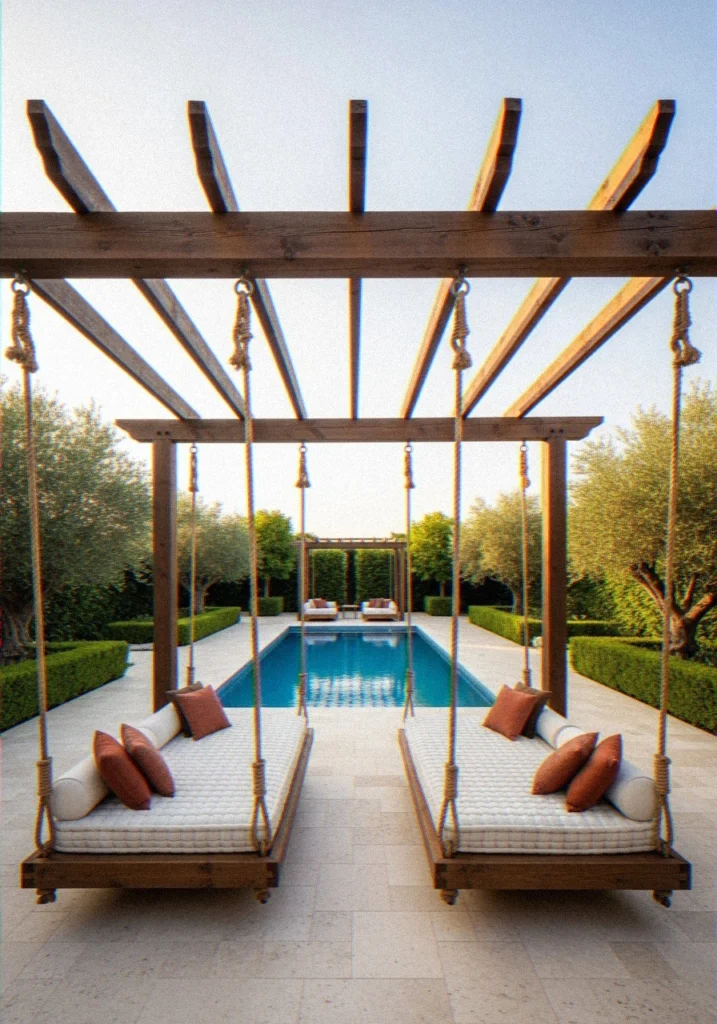 Covered Outdoor Lounge With Hanging Daybed Swings