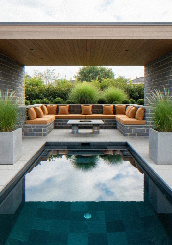 Covered Patio With Built-In Seating and Lap Pool
