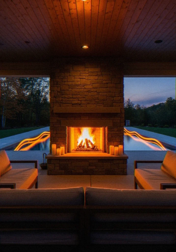 Covered Patio With Outdoor Fireplace Facing the Pool