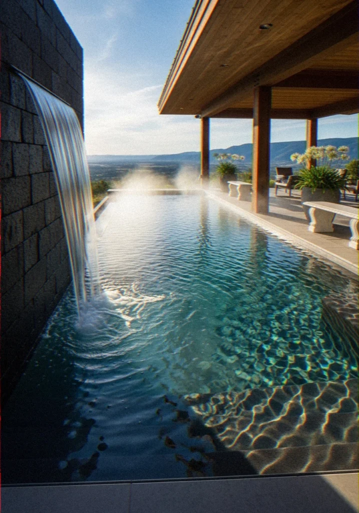 Covered Patio With Zero-Edge Pool and Water Feature