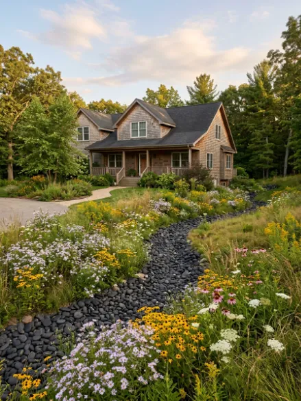 Dry Creek Bed With Native Wildflowers