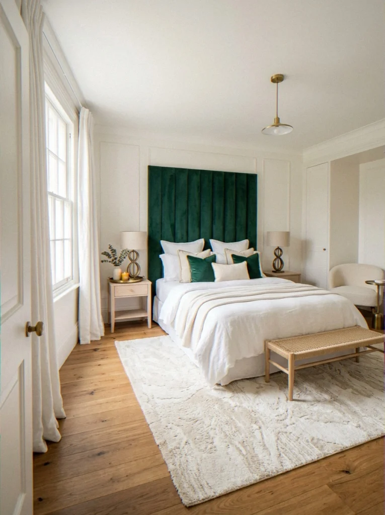 Emerald Velvet Headboard Against Neutral Walls