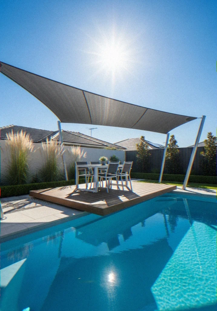 Floating Deck With Shade Sail Over Pool