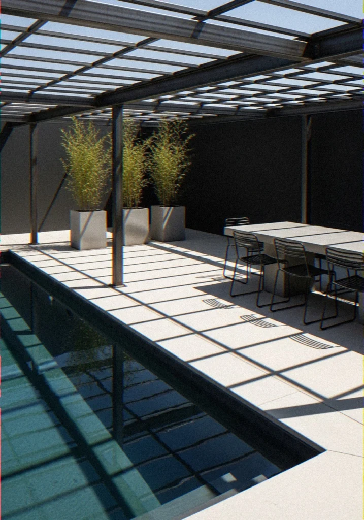 Industrial Metal Pergola With Modern Pool