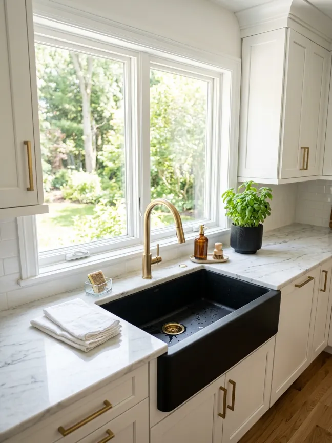 Long Gold Bar Pulls on Flat-Front Cabinets