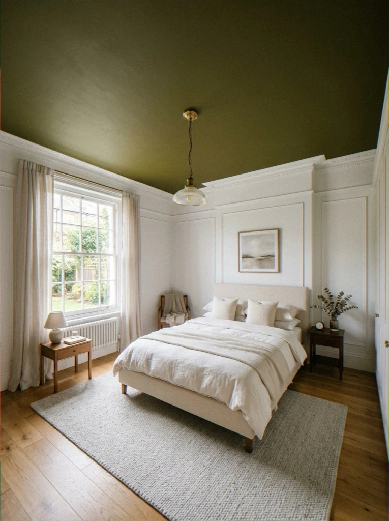 Olive Green Ceiling + White Wal