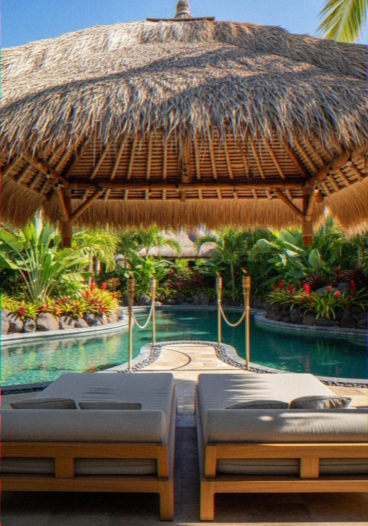 Palm Thatch Tiki-Style Canopy Over Pool Deck