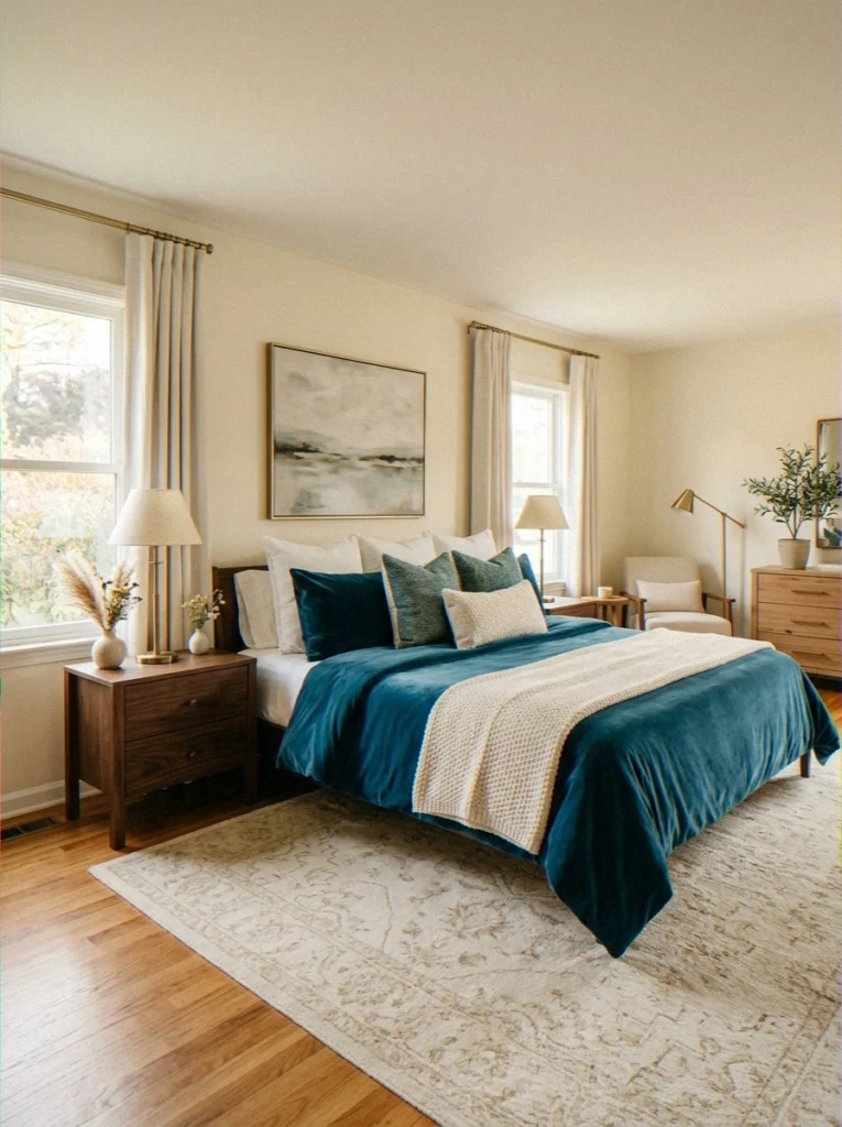 Peacock Blue Velvet Bedding on Neutral Walls