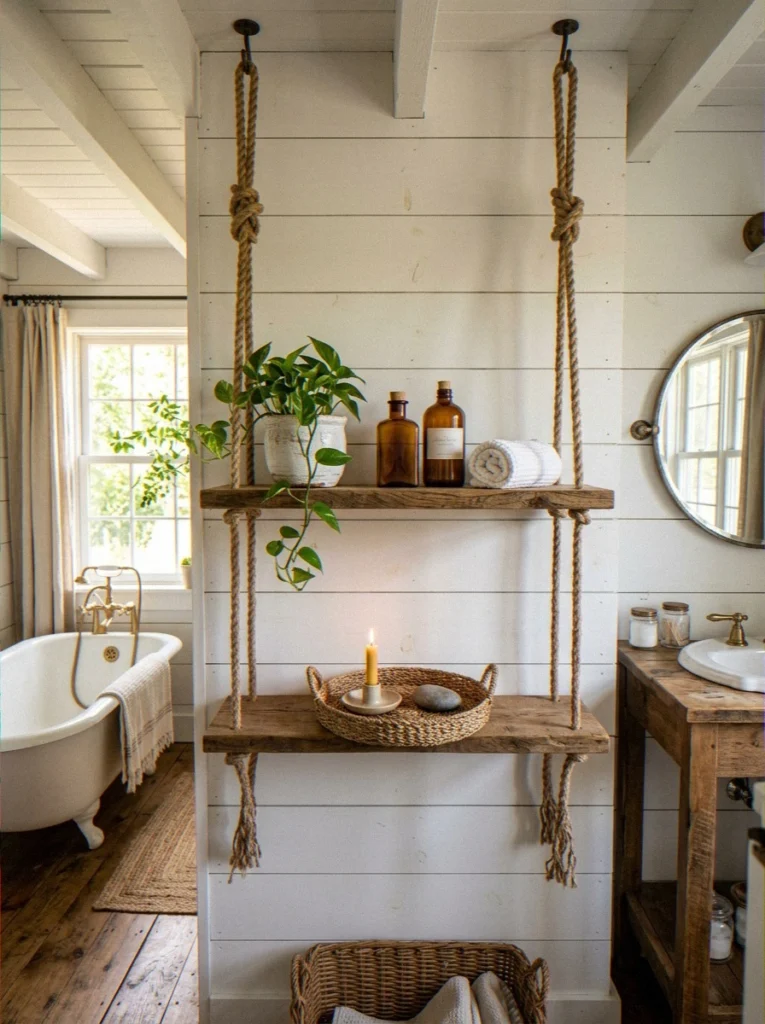 Rope and Wood Hanging Shelves