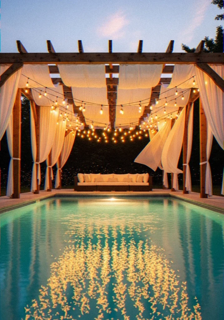 String Lights and Sheer Curtain Covered Patio