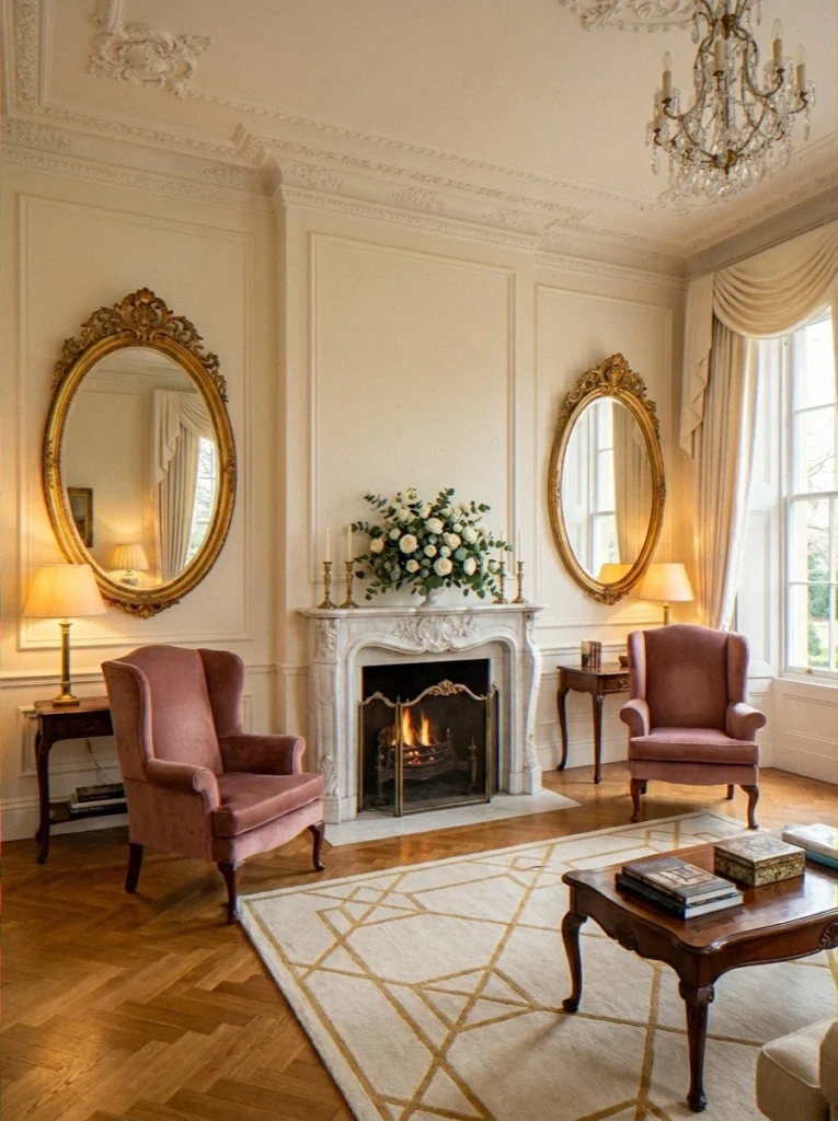 Symmetrical Mirror Pair Flanking a Fireplace