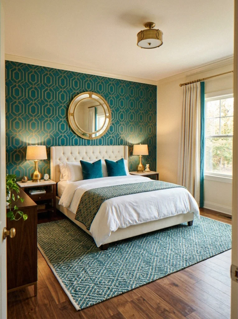 . Teal Wallpaper with Geometric Patterns