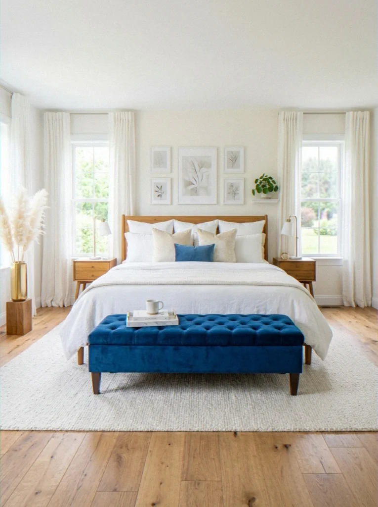 Tufted Sapphire Bench at the Foot of the Bed