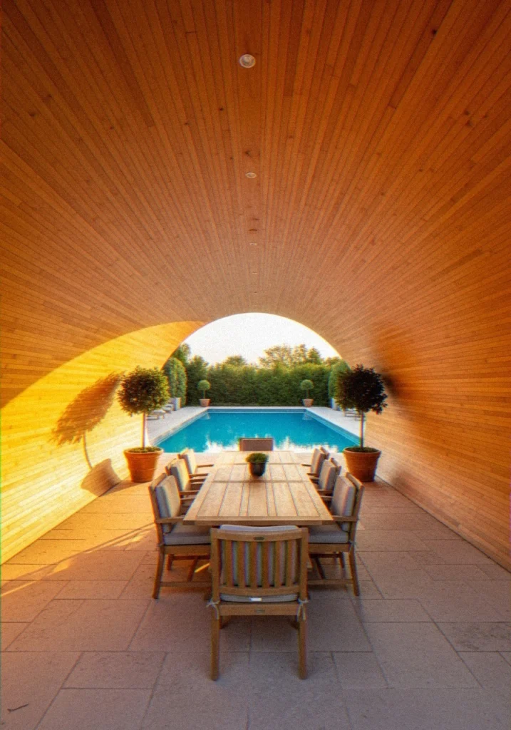 Wooden Barrel-Roof Patio Cover Over Pool Terrace