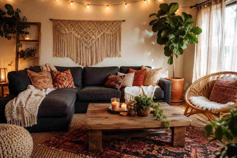 24 Dark Grey Couch Boho Living Room Ideas