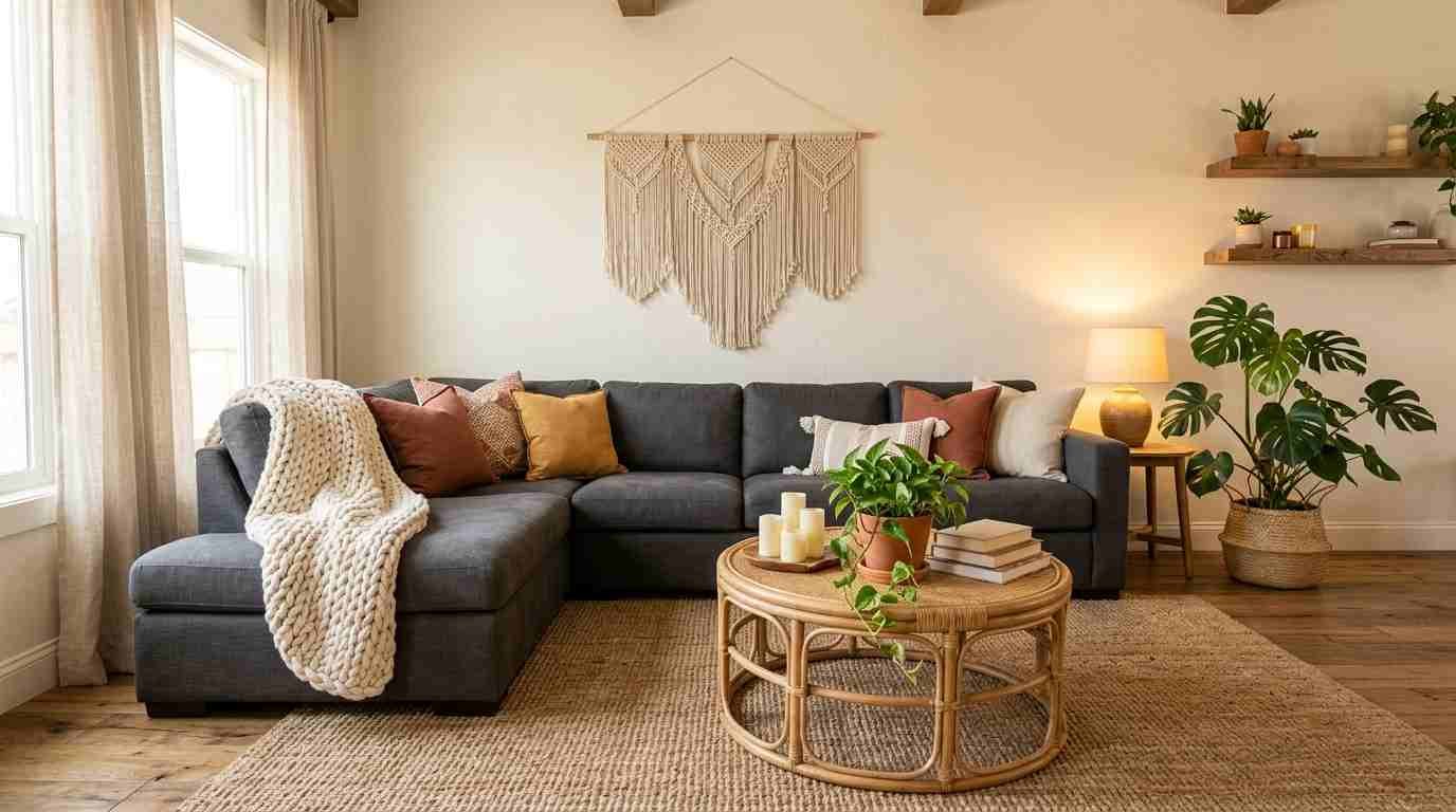 26 Boho Living Room Dark Grey Couch