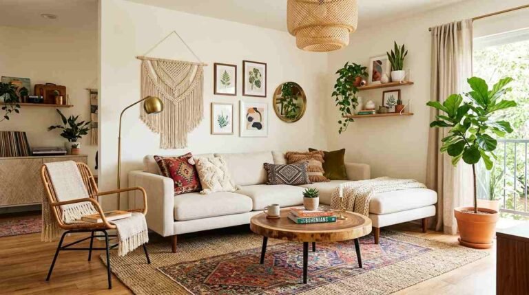 A wide-angle DSLR interior photograph of a sunlit American living room with a large natural seagrass area rug anchoring the space. A simple modern cream linen sofa, a chunky live-edge wood coffee table, and potted greenery surround the rug. Sheer linen curtains let in soft, warm morning light that casts gentle shadows across the rug's woven texture, revealing every fiber in rich detail. Walls in warm white with a hint of warm greige. DSLR camera, 35mm wide-angle lens, f/2.8, warm morning natural light, ultra-realistic woven texture, 4K, photorealistic, no text, no humans, no brand names, calm minimalist mood with bohemian warmth.