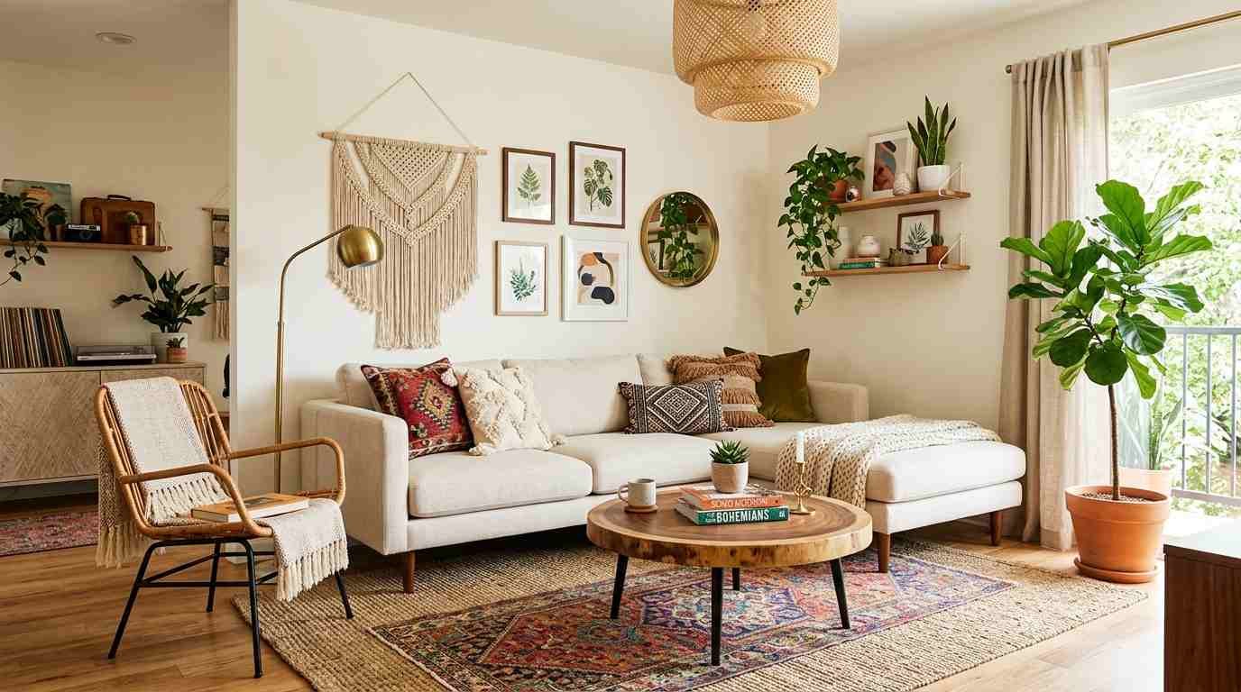 A wide-angle DSLR interior photograph of a sunlit American living room with a large natural seagrass area rug anchoring the space. A simple modern cream linen sofa, a chunky live-edge wood coffee table, and potted greenery surround the rug. Sheer linen curtains let in soft, warm morning light that casts gentle shadows across the rug's woven texture, revealing every fiber in rich detail. Walls in warm white with a hint of warm greige. DSLR camera, 35mm wide-angle lens, f/2.8, warm morning natural light, ultra-realistic woven texture, 4K, photorealistic, no text, no humans, no brand names, calm minimalist mood with bohemian warmth.
