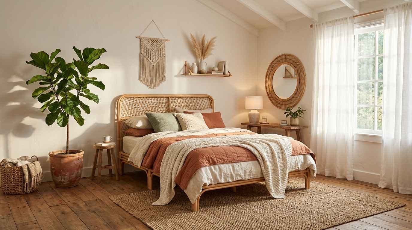 35 Bohemian Bedroom with Rattan Bed