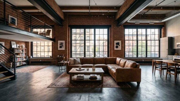 Wide-angle DSLR photograph, Nikon D850, 24mm lens, of a spacious industrial loft living area in Chicago, shot from a low corner angle to capture the full room. Exposed ductwork overhead, a floor-to-ceiling factory window with soft diffused daylight streaming in, dust motes visible in the light beams. Neutral gray and warm-brown palette, a large area rug anchoring a leather seating arrangement. No people, no readable text anywhere, no branded objects. Natural ambient lighting, deep realistic shadows, rich material texture in brick and concrete, dreamy and inviting mood, 4K, high dynamic range, cinematic architectural photography.