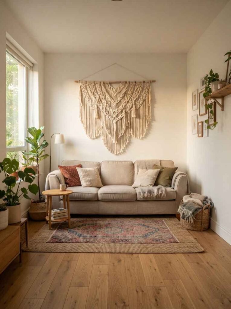Add macrame or woven wall hangings